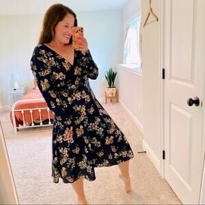 Anthropologie Hutch Navy Blue Floral Jacquard Long Sleeve MIDI Dress 6